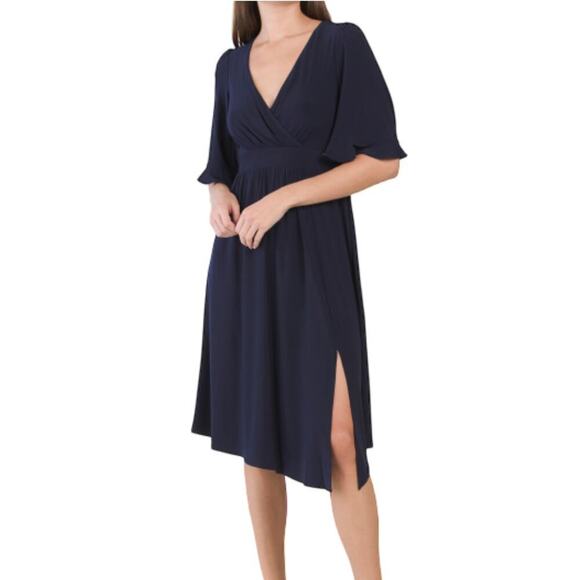 New Eliza J V-Neck Front Slit Elbow Sleeve Asymmetric Party Cocktail Midi Dress - Picture 1 of 8
